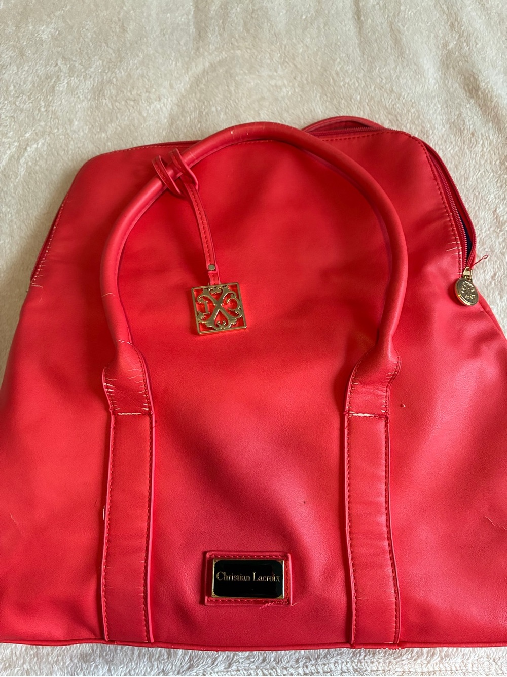 Christian Lacroix Vibrant Red Leather Tote with Gold Accents